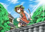  animal_ears brown_eyes brown_hair cat_ears cat_tail chen earrings hat jewelry kneehighs multiple_tails rooftop short_hair socks solo tail touhou yuuhodou 