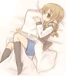  7010 bed braid brown_eyes brown_hair copyright_request kneehighs lowres pillow pointy_ears socks solo twin_braids 