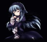  black_background black_legwear black_wings collarbone flower frills hairband lolita_hairband long_sleeves looking_at_viewer pink_eyes rose rozen_maiden silver_hair simple_background sitting solo suigintou thighhighs wings yorimichi_(aoixx) 
