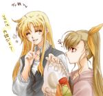  :d ^_^ ^o^ ahoge blonde_hair casual closed_eyes fate_testarossa index_finger_raised lina_(interlude) long_hair lyrical_nanoha mahou_shoujo_lyrical_nanoha_strikers multiple_girls open_mouth profile red_eyes sidelocks simple_background smile tears text_focus translated very_long_hair vivio white_background 