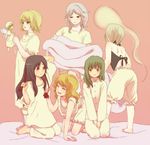  alice_margatroid barefoot bed blonde_hair bloomers doll feet hakurei_reimu hitodama izayoi_sakuya kirisame_marisa kochiya_sanae konpaku_youmu konpaku_youmu_(ghost) mow multiple_girls pajamas ribbon shanghai_doll sleepover touhou underwear 