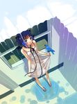  animal_ears bird blue_eyes blue_hair cat_ears dress original rain sandals see-through solo tongue vofan wet window 