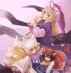  animal_ears blonde_hair brooch cat_ears cat_tail chen collar dress fox_tail gem hat jewelry long_sleeves looking_at_viewer lovecom multiple_girls multiple_tails nekomata pillow_hat red_dress short_hair tabard tail tassel touhou two_tails wide_sleeves yakumo_ran yakumo_yukari 