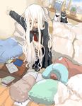  bad_id bad_pixiv_id bed book_stack cactus cat copyright_request drooling indoors lefty10 long_hair messy_hair pillow saliva school_uniform sleepy solo striped striped_legwear stuffed_animal stuffed_toy thighhighs white_hair window 