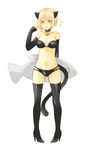  animal_ears bad_id bad_pixiv_id bare_shoulders bell bell_collar bikini bikini_top blonde_hair boots breasts cat_ears clare_(claymore) claymore cleavage collar detached_sleeves elbow_gloves fish gloves high_heels medium_breasts pocopoco shoes short_hair silver_eyes simple_background solo standing swimsuit tail thigh_boots thighhighs 