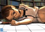  book book_pillow bookshelf brown_eyes brown_hair choker collarbone glasses glowing hands highres lying navel on_floor on_side original shirt_lift short_hair solo yasumori_zen 