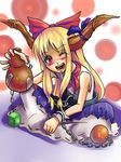  ;d aryus bad_id bad_pixiv_id bare_shoulders blonde_hair blue_skirt bow bowtie chain drunk full_body gourd hair_bow horn_ornament horns ibuki_suika indian_style looking_at_viewer one_eye_closed oni open_mouth red_bow red_eyes red_neckwear sitting skirt smile solo spread_legs touhou 