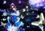  breasts bug butterfly cherry_blossoms fan floating folding_fan geta glowing hat hitodama house insect japanese_clothes lantern large_breasts manimani_(unagi) mouth_hold petals purple_hair red_eyes ripples saigyouji_yuyuko sideboob solo touhou tree water waterfall 