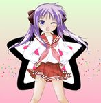  hiiragi_kagami lucky_star one_eye_closed pink_neckwear purple_hair ryouou_school_uniform school_uniform serafuku solo yorimichi_(aoixx) 