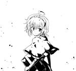  ahoge alice_margatroid book capelet from_behind greyscale grimoire grimoire_of_alice holding holding_book kiku_hitomoji looking_at_viewer looking_back monochrome simple_background solo touhou white_background 