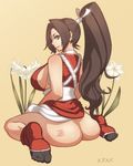  ass body_writing breasts brown_hair fatal_fury feet flower huge_breasts long_hair looking_back meme50 no_panties ponytail revealing_clothes shiranui_mai sideboob sitting snk socks solo tally the_king_of_fighters toes wariza 