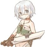  7010 bare_shoulders choker copyright_request lowres midriff navel short_hair silver_eyes silver_hair solo sword weapon 