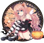  1girl absurdres alternate_hair_color black_footwear black_sleeves blonde_hair blue_eyes breasts bridal_gauntlets choker cleavage curly_hair detached_sleeves egg_(rxlal) elsword eve_(elsword) floating_hair food_themed_hair_ornament full_body hair_between_eyes hair_ornament halloween_costume highres long_hair long_sleeves looking_at_viewer pumpkin pumpkin_hair_ornament shiny shiny_hair side_ponytail simple_background sitting skull small_breasts smile solo striped striped_legwear thighhighs trick_or_treat v very_long_hair white_background 