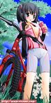  :d bicycle bike_shorts black_hair blue_eyes blush breasts can center_opening day drinking ground_vehicle long_hair machinery medium_breasts nicomi.com no_bra noto_(soranoto) open_mouth original outdoors plant short_hair skin_tight smile soda_can solo standing tree 