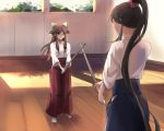  2girls black_hair blue_hakama bow brown_eyes brown_hair day dougi floating_hair green_bow hair_bow hair_ornament hair_scrunchie hakama high_ponytail holding holding_sword holding_weapon indoors japanese_clothes jintsuu_(kantai_collection) kantai_collection kendo kimono long_hair multiple_girls red_hakama red_scrunchie scrunchie shinai smile standing sword very_long_hair weapon white_kimono white_legwear wooden_floor yahagi_(kantai_collection) yorktown_cv-5 