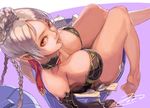  barefoot breasts cleavage copyright_request elf feet large_breasts lips pointy_ears red_eyes solo toro_(konirio) white_hair 