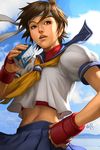  blue_sailor_collar brown_hair drink gloves headband kasugano_sakura necktie pocari_sweat sailor_collar school_uniform serafuku short_hair solo stanley_lau street_fighter street_fighter_zero_(series) 