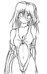  assassin_cross bare_shoulders blush breasts center_opening cleavage collarbone detached_sleeves greyscale kaminagi_(kaminagi-tei) large_breasts long_sleeves looking_at_viewer monochrome navel one-piece_swimsuit ragnarok_online short_hair solo standing stomach swimsuit 