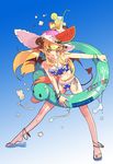  armpits bat_wings bikini blonde_hair demon_girl feet food food_as_clothes fruit hands hat horns ice ice_cube innertube legs long_hair open_mouth original pointy_ears sandals solo star star_print swimsuit tail vofan watermelon wings yellow_eyes 