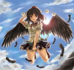  bangs black_wings cloud day feathers hat looking_at_viewer makirin open_mouth shameimaru_aya sky solo touhou wings 