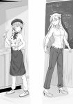  absurdres apron bespectacled chalk chalkboard chef_hat chef_uniform double-breasted food glasses hair_flaps harusame_(kantai_collection) hat high_heels highres kantai_collection long_hair monochrome multiple_girls noyomidx open_mouth pants shirt teacher waist_apron yuudachi_(kantai_collection) 