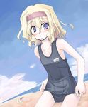  adjusting_clothes adjusting_swimsuit alice_margatroid beach blonde_hair blue_eyes buried day dutch_angle flat_chest hairband kirisame_marisa mochiki multiple_girls name_tag one-piece_swimsuit school_swimsuit short_hair swimsuit touhou 