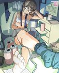  armpits barefoot bra can copyright_request crossed_legs drawing_tablet feet glasses keyboard_(computer) lingerie short_hair sitting socks soda_can soles solo toes underwear yasumori_zen 