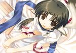  ainu_clothes amazuyu_tatsuki animal_ears barefoot blush brown_eyes brown_hair dog_ears dutch_angle eruruw feet long_hair looking_at_viewer on_bed open_mouth sitting solo tail utawareru_mono 