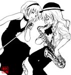  aka_ringo alice_margatroid alternate_costume contemporary dress greyscale instrument kirisame_marisa microphone_stand monochrome multiple_girls saxophone sleeves_rolled_up touhou 