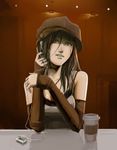  artist_request brown_hair copyright_request cup digital_media_player earbuds earphones hat long_hair solo tank_top 