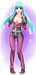  aqua_hair blush breasts chaps cleavage g-tetsu highres kula_diamond long_hair medium_breasts no_bra open_clothes open_shirt red_eyes shirt snk solo sparkle the_king_of_fighters undressing unzipped 