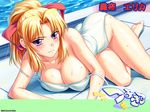  barefoot blonde_hair blue_eyes blush breasts cleavage hair_ribbon kiriya_erika large_breasts lying one-piece_swimsuit ponytail ribbon shironeko_sanbou smile solo swimsuit tsuyokiss wallpaper wet white_swimsuit 