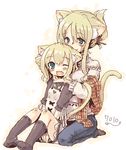  7010 age_difference animal_ears cat_ears copyright_request denim feet hug jeans kneeling mother_and_daughter multiple_girls oekaki one_eye_closed pants smile socks tail 