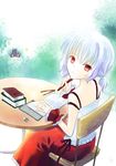  book camisole copyright_request red_eyes shima_yukiwa silver_hair sitting solo writing 