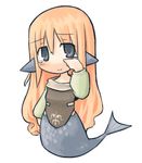  7010 animal_ears blue_eyes blush chibi copyright_request dress head_fins long_hair lowres mermaid monster_girl orange_hair scales smile solo tears white_background wiping_tears 
