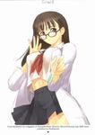  1girl bespectacled breasts brown_eyes brown_hair glasses long_hair school_uniform serafuku simple_background solo taka_tony tanaka_takayuki 