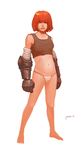  armor artist_request barefoot copyright_request detached_sleeves gauntlets panties red_hair short_hair solo tank_top underwear 