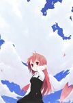  black_dress cloud cloudy_sky day dress long_hair long_sleeves looking_at_viewer namo_(goodbyetears) original outdoors petals pink_hair red_eyes sky solo upper_body very_long_hair 