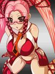  .hack//g.u. .hack//roots 1girl artist_request between_breasts blush breast_hold breasts brown_eyes glasses hair_ribbon huge_breasts kneeling long_hair necktie open_mouth pi_(.hack//) pink_hair revealing_clothes ribbon solo thighhighs twintails very_long_hair 