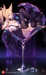  1girl ahri animal_ears ass black_legwear blonde_hair bracelet breasts cleavage cocktail_glass commentary crystal cup drinking_glass earrings english_commentary fox_ears high_heels jewelry k/da_(league_of_legends) k/da_ahri league_of_legends lying microphone nail_polish nanoless navel on_back ponytail purple_nails smile solo thighhighs yellow_eyes 