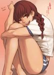  azusa_(hws) bare_legs barefoot braid buruma copyright_request freckles leg_hug legs long_hair looking_at_viewer open_mouth red_eyes red_hair shorts sitting smile solo 