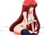  ahoge bra breasts cleavage covered_nipples hair_ribbon himuro_akari lingerie long_hair medium_breasts night_wizard non-web_source panties red_eyes red_hair ribbon solo sugimura_tomokazu thighhighs underwear underwear_only very_long_hair 