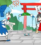  cirno hakurei_reimu kawashiro_nitori lowres multiple_girls ninja_screen sakumo_(karatama) torii touhou two_side_up 