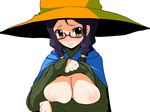  black_mage blue_hair blush braid breast_hold breasts final_fantasy glasses hat itou_life large_breasts shirt_lift solo twin_braids witch_hat 