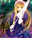  blonde_hair bow cherry_blossoms closed_umbrella dress gloves hair_bow hat long_hair purple_eyes ribbon smile solo takashima touhou umbrella very_long_hair white_gloves yakumo_yukari 