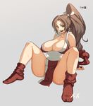  breasts brown_hair cleavage fatal_fury huge_breasts loincloth long_hair meme50 pelvic_curtain plump ponytail revealing_clothes rope shiranui_mai sitting snk socks solo spread_legs sweat the_king_of_fighters thighs yellow_eyes 