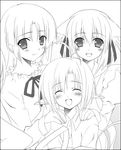  :d animal_ears bangs blush cat_ears eyebrows_visible_through_hair greyscale hair_ribbon looking_at_viewer monochrome multiple_girls open_mouth original ribbon short_hair simple_background smile white_background zinno 