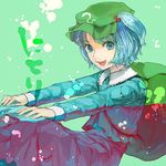  :d backpack bag blue_dress blue_eyes blue_hair character_name dress green_background hair_bobbles hair_ornament kawashiro_nitori long_sleeves looking_at_viewer open_mouth pocket short_hair simple_background smile solo touhou two_side_up xero 
