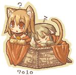  7010 ? animal_ears artist_name bangs basket bell bell_collar blanket blonde_hair blush brown_hair cat_ears cat_tail chibi closed_eyes collar copyright_request in_basket in_container jingle_bell looking_away lowres multiple_girls open_mouth paws red_eyes sleeping tail zzz 