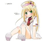  arm_support ascot blonde_hair blush bottomless character_request cum cum_on_body expressionless full_body jacket long_hair nakajima_yuka open_mouth sekaiju_no_meikyuu simple_background sitting solo very_long_hair 